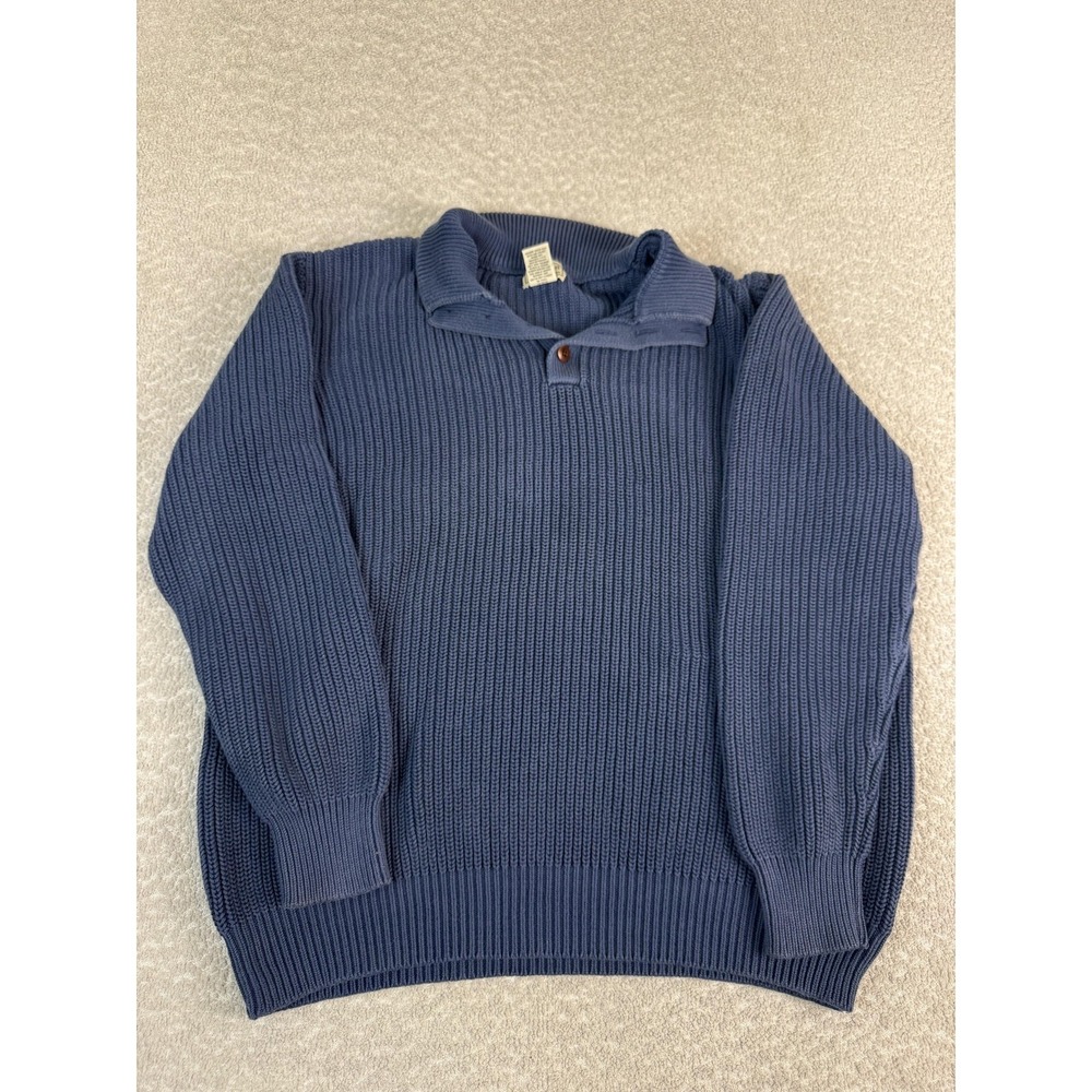 L.L. Bean Sweater Mens XL Blue Chunky Knit Collared Cotton Pullover Heavyweight